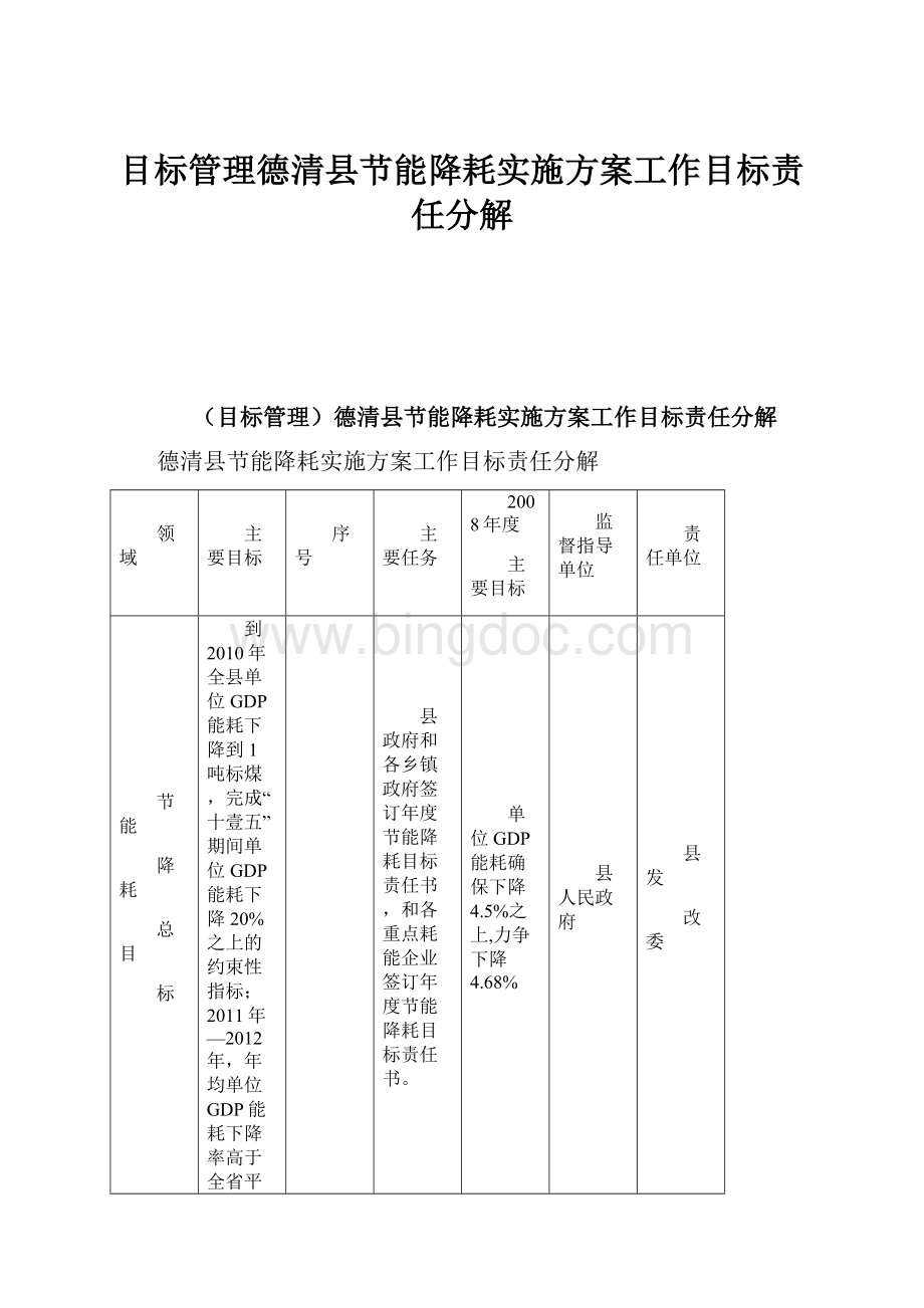 目标管理德清县节能降耗实施方案工作目标责任分解.docx_第1页