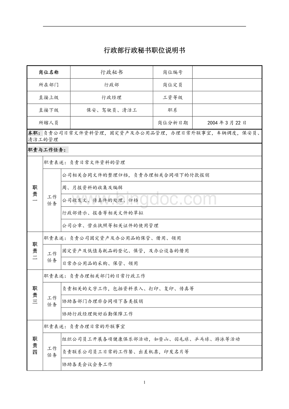 行政部行政秘书职位说明书Word下载.docx_第1页