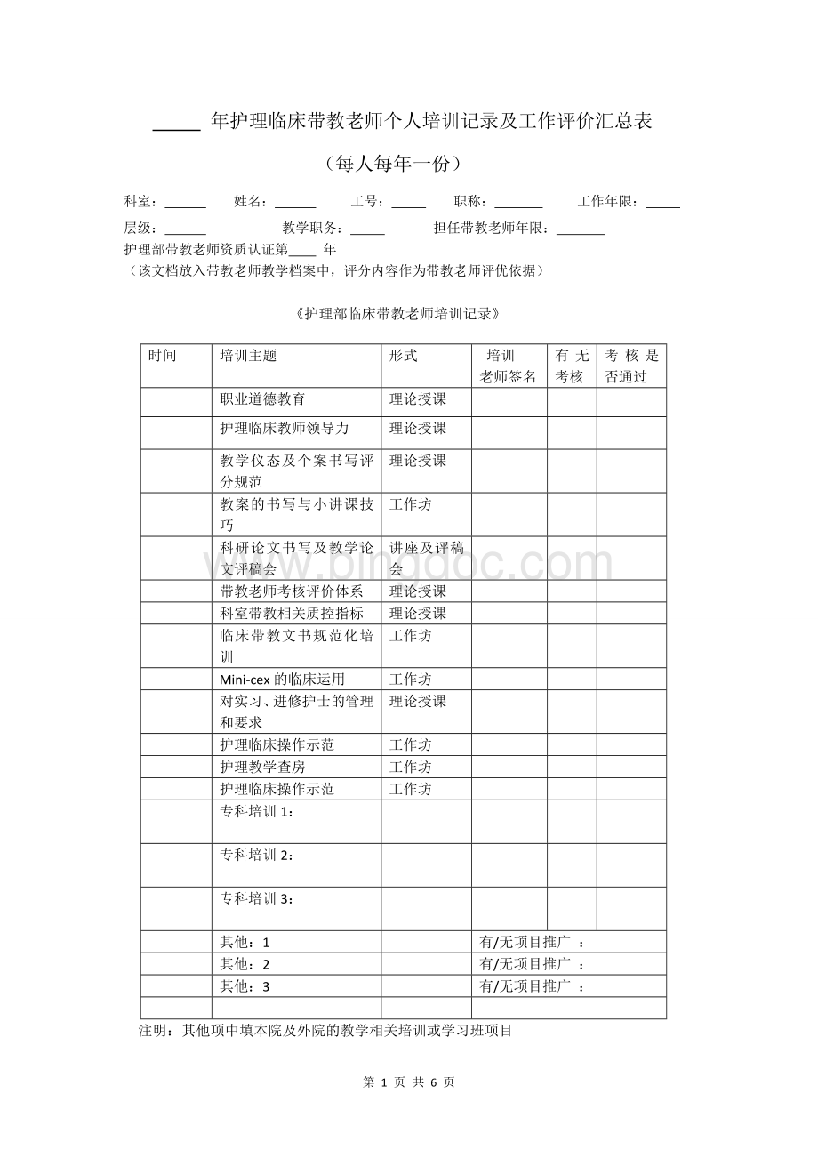 临床带教老师个人培训及工作评价汇总表.doc_第1页