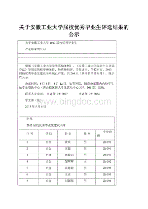 关于安徽工业大学届校优秀毕业生评选结果的公示文档格式.docx