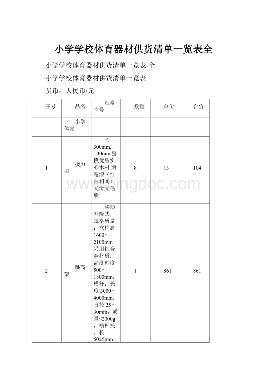 小学学校体育器材供货清单一览表全.docx_第1页