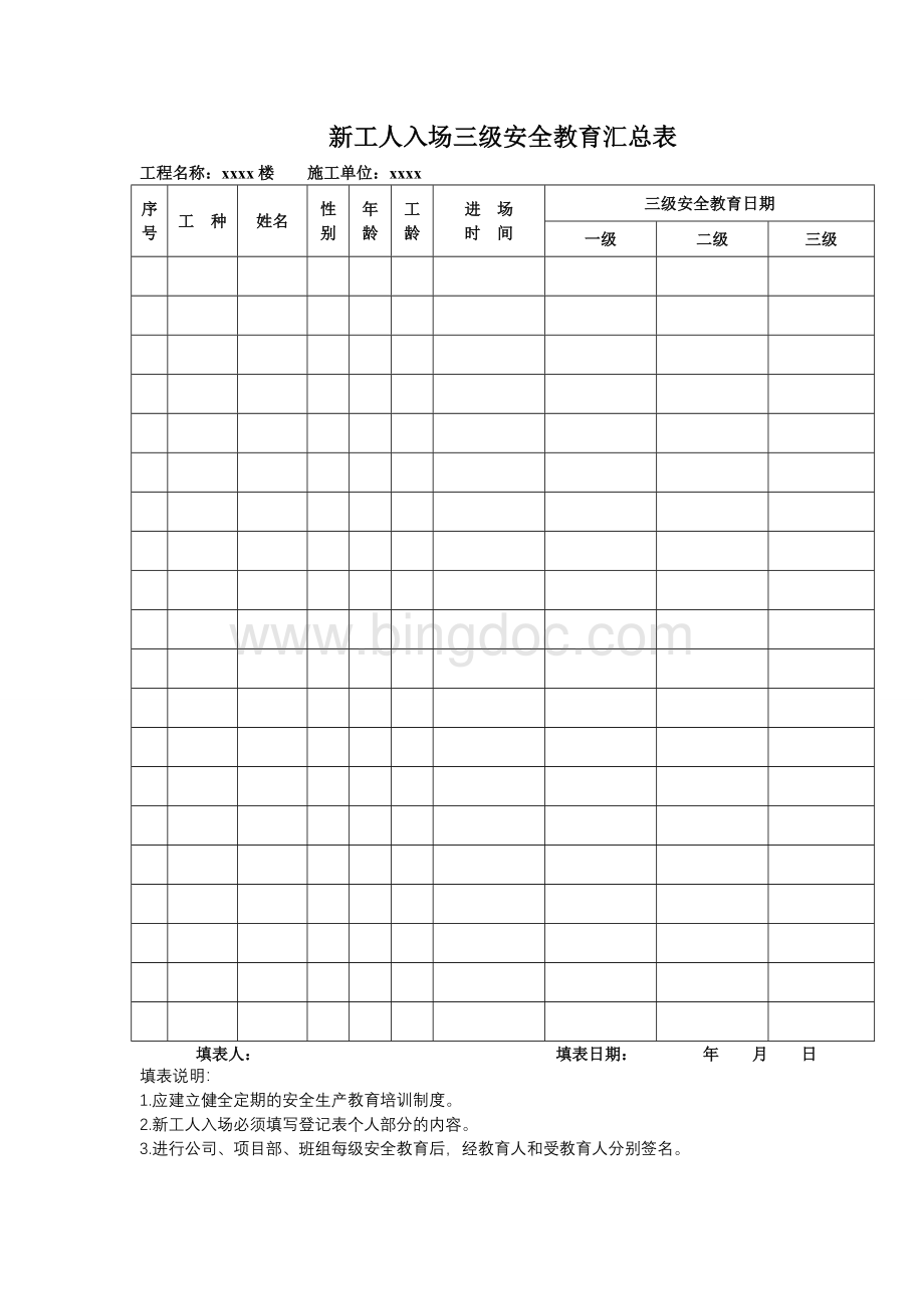 三级安全教育记录及表格(全).docx_第1页