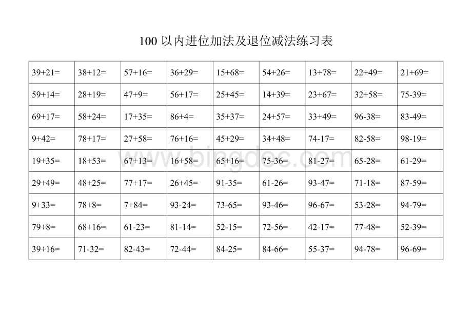 100以内进位加法及退位减法练习表文档格式.docx