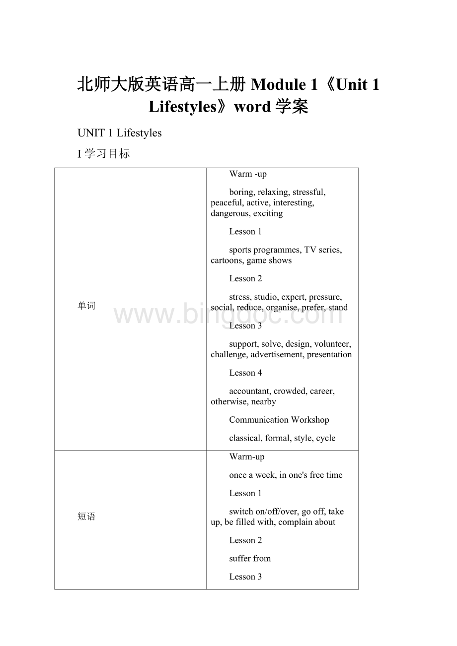 北师大版英语高一上册Module 1《Unit 1 Lifestyles》word学案Word文件下载.docx_第1页