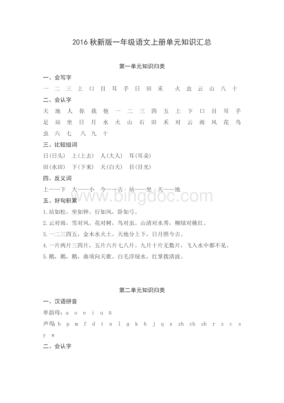 新人教版一年级语文上册各单元知识点梳理Word下载.docx_第1页