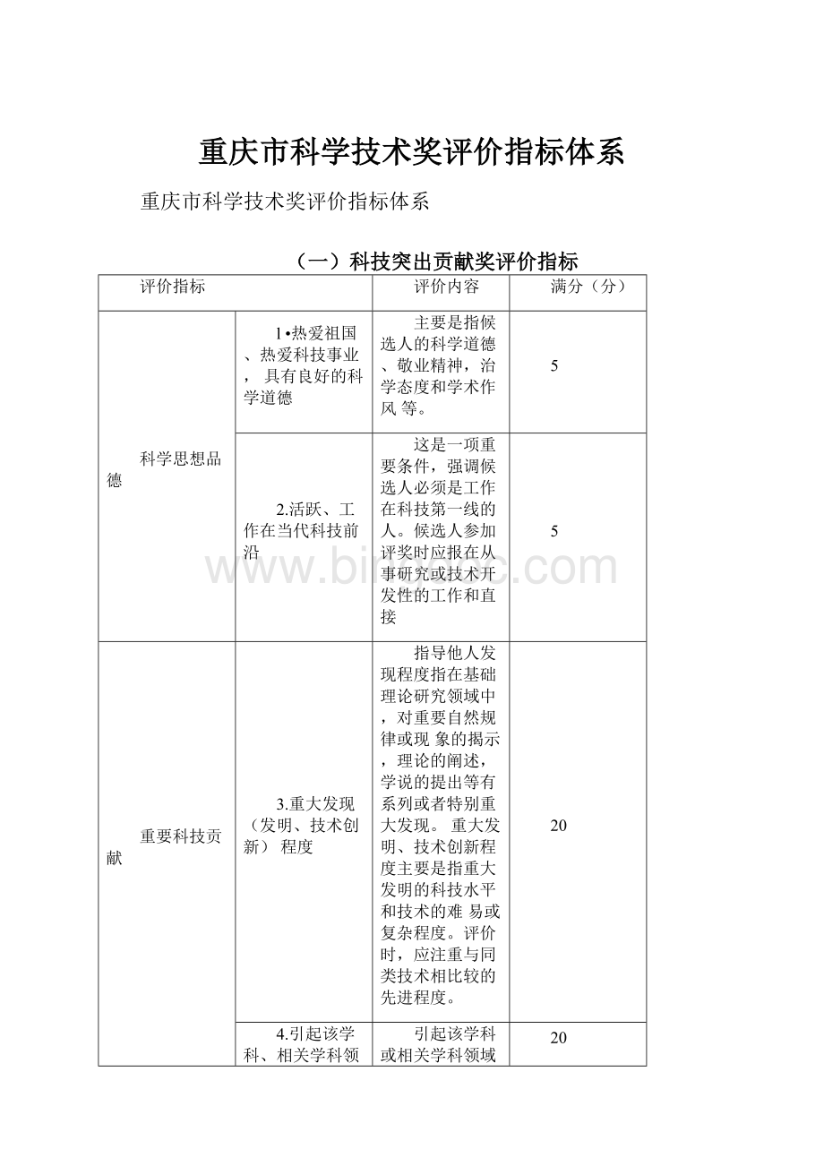 重庆市科学技术奖评价指标体系文档格式.docx_第1页