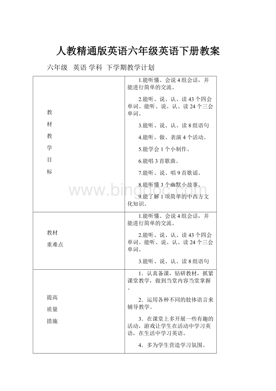 人教精通版英语六年级英语下册教案Word文档下载推荐.docx_第1页