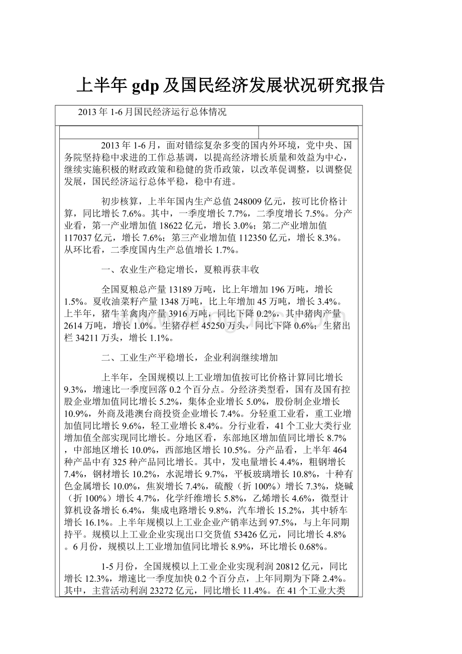 上半年gdp及国民经济发展状况研究报告Word下载.docx