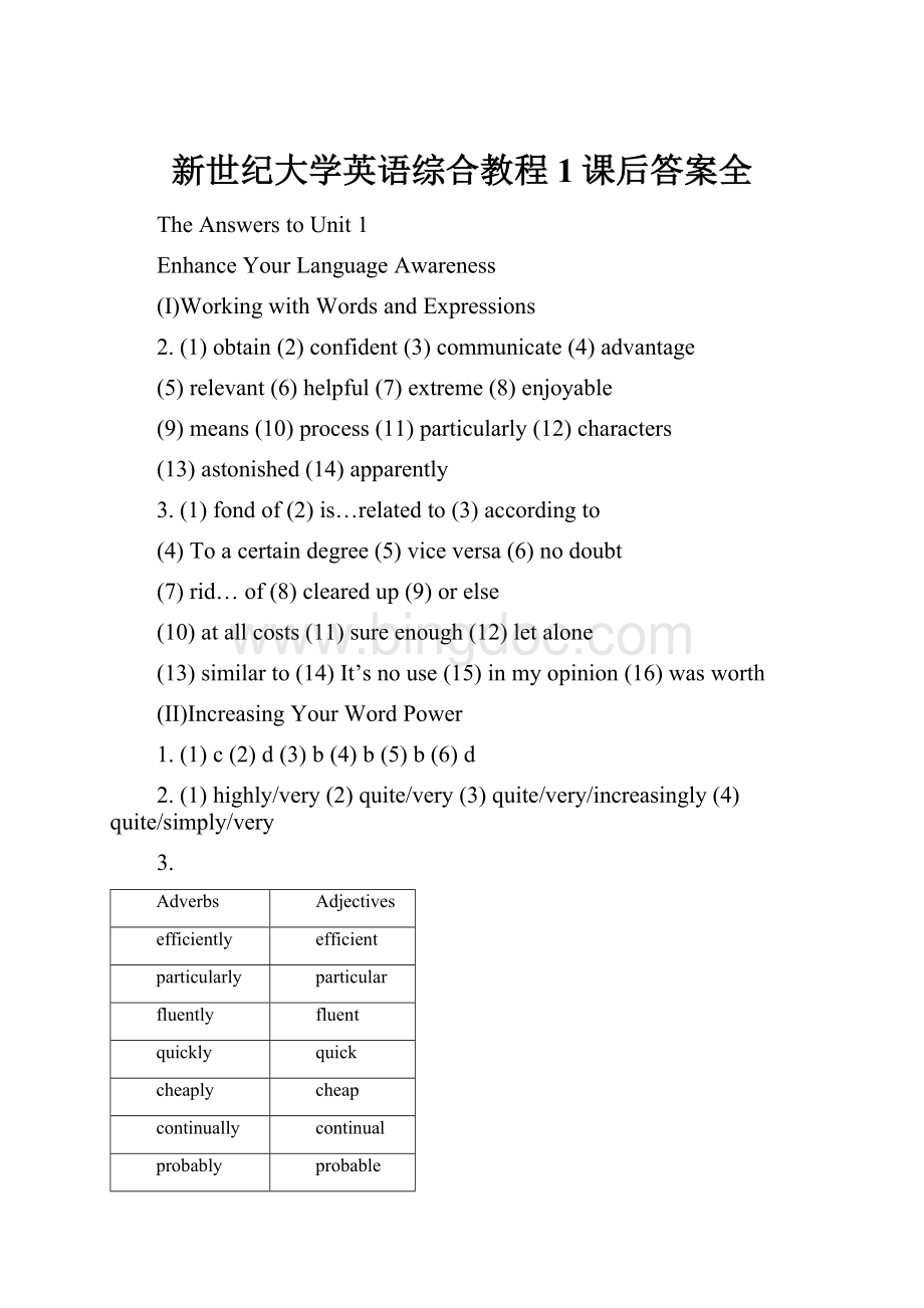 新世纪大学英语综合教程1课后答案全文档格式.docx_第1页