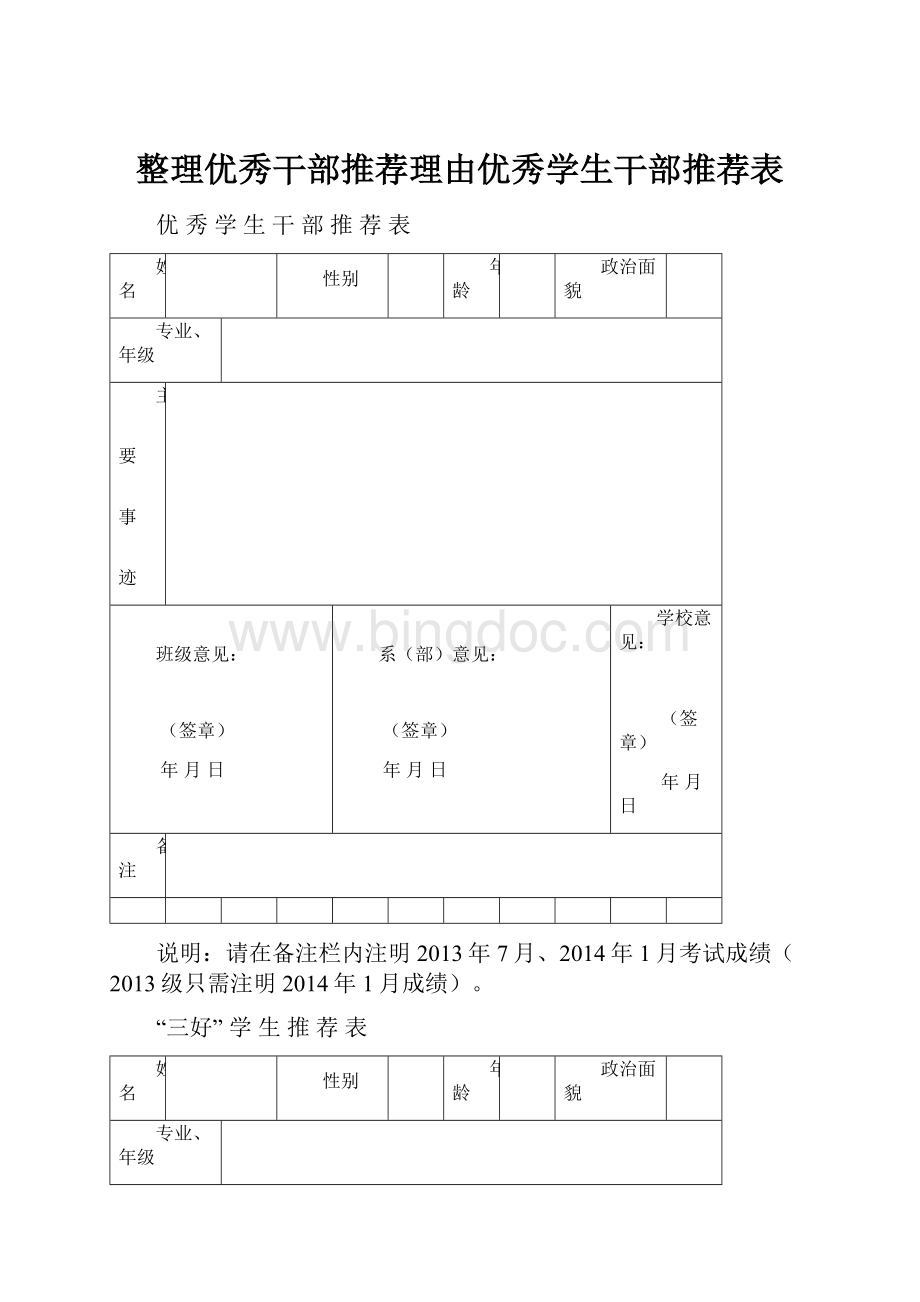 整理优秀干部推荐理由优秀学生干部推荐表.docx