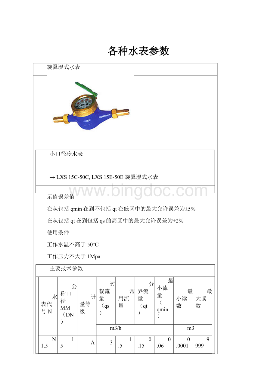 各种水表参数Word文件下载.docx