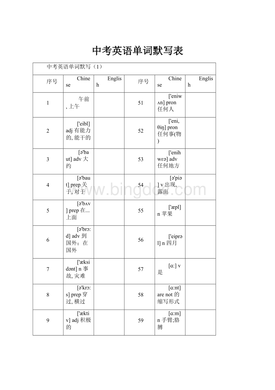 中考英语单词默写表Word文档下载推荐.docx_第1页