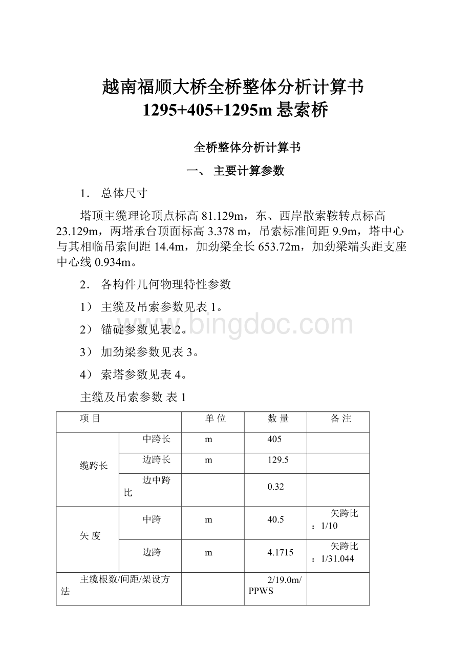 越南福顺大桥全桥整体分析计算书1295+405+1295m悬索桥Word文档下载推荐.docx_第1页