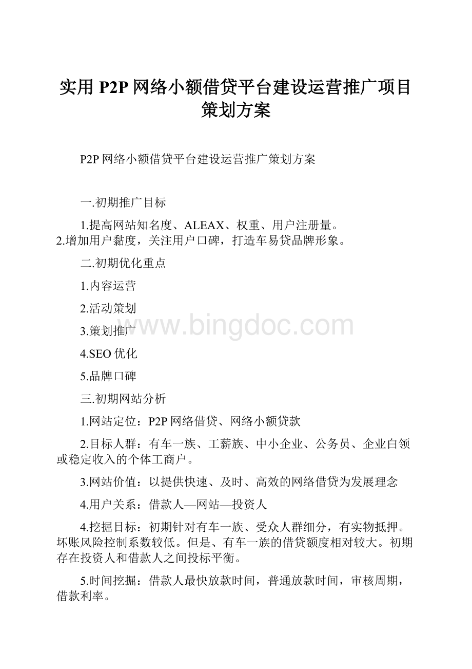 实用P2P网络小额借贷平台建设运营推广项目策划方案.docx