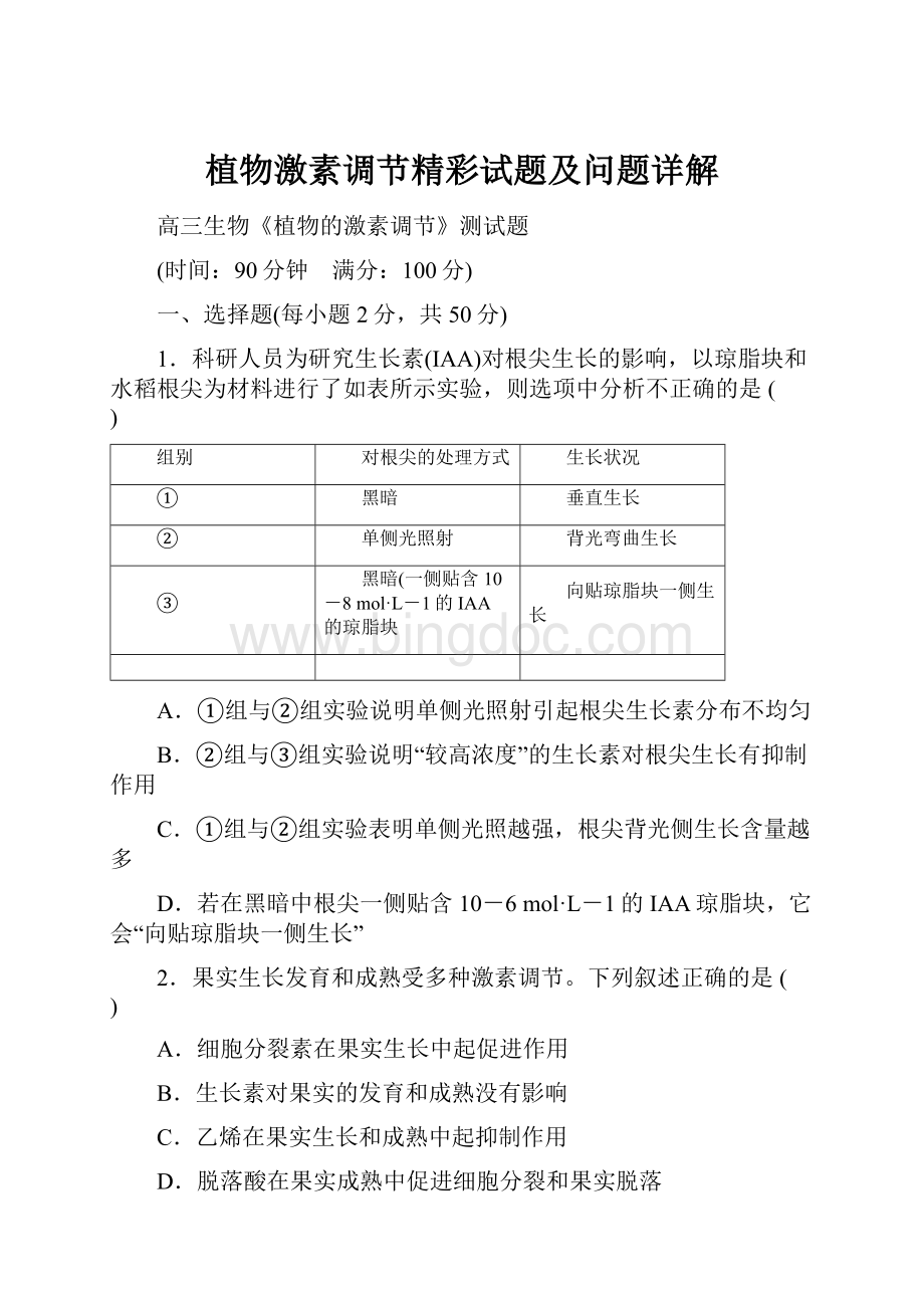 植物激素调节精彩试题及问题详解.docx_第1页