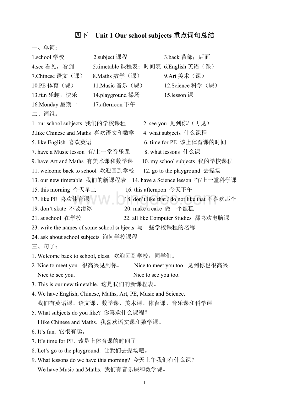 江苏译林版英语四年级下册单元知识词句总结.doc