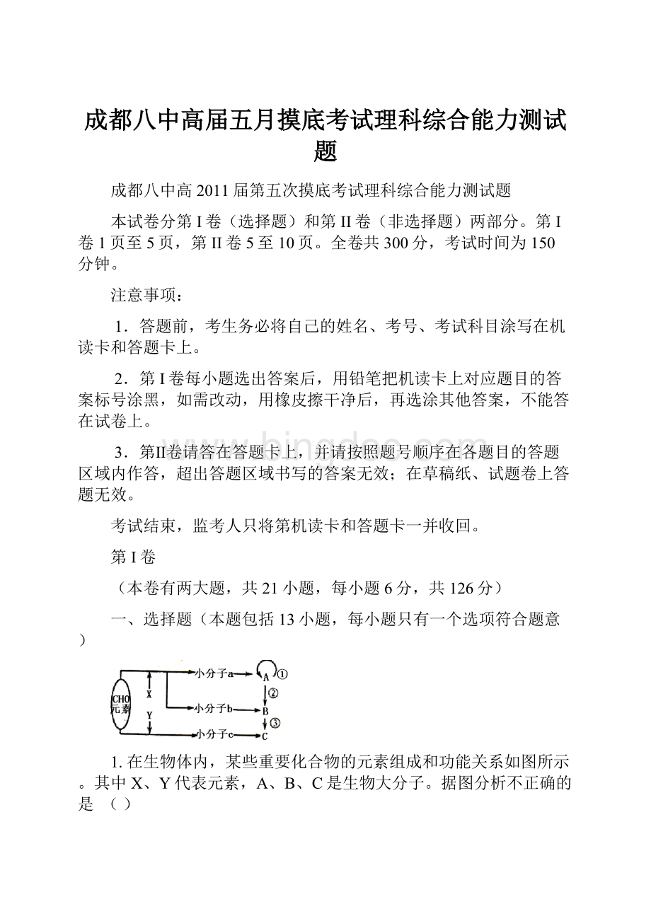 成都八中高届五月摸底考试理科综合能力测试题Word文档下载推荐.docx_第1页