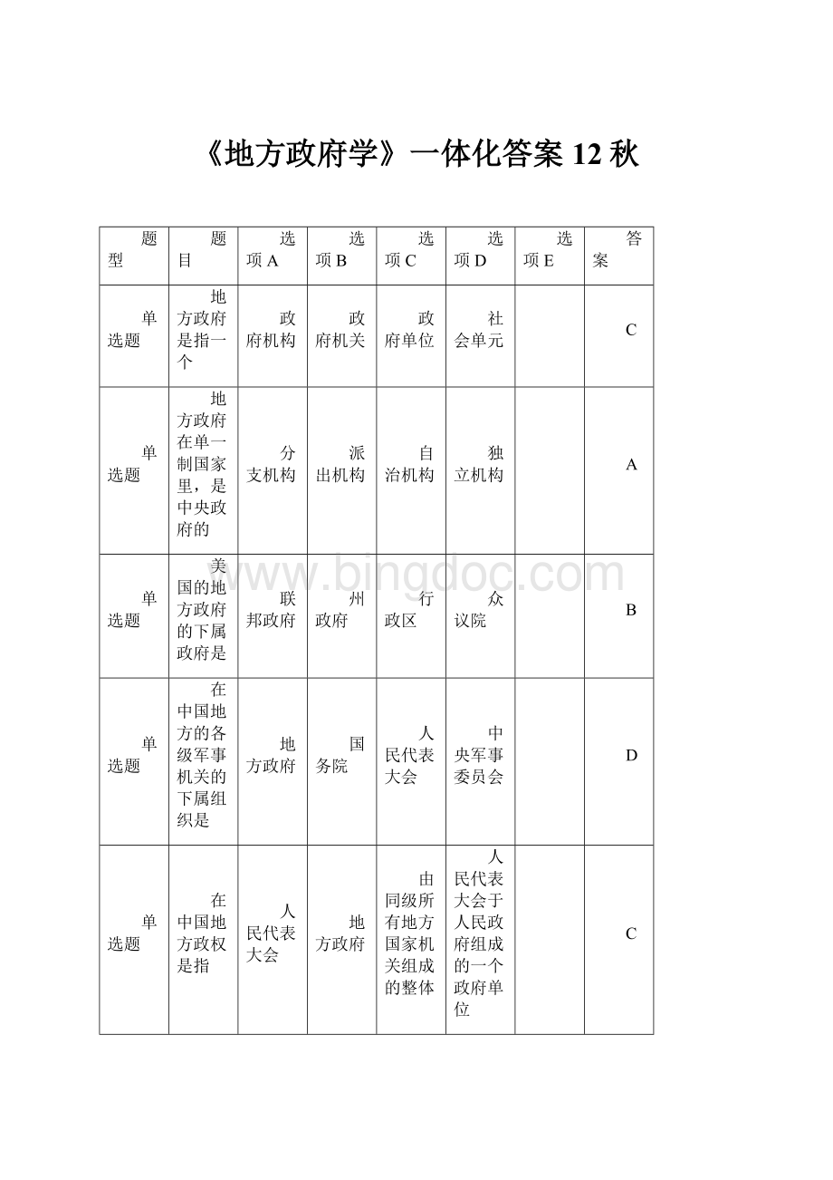 《地方政府学》一体化答案12秋文档格式.docx_第1页