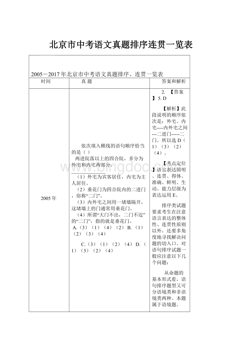 北京市中考语文真题排序连贯一览表.docx_第1页