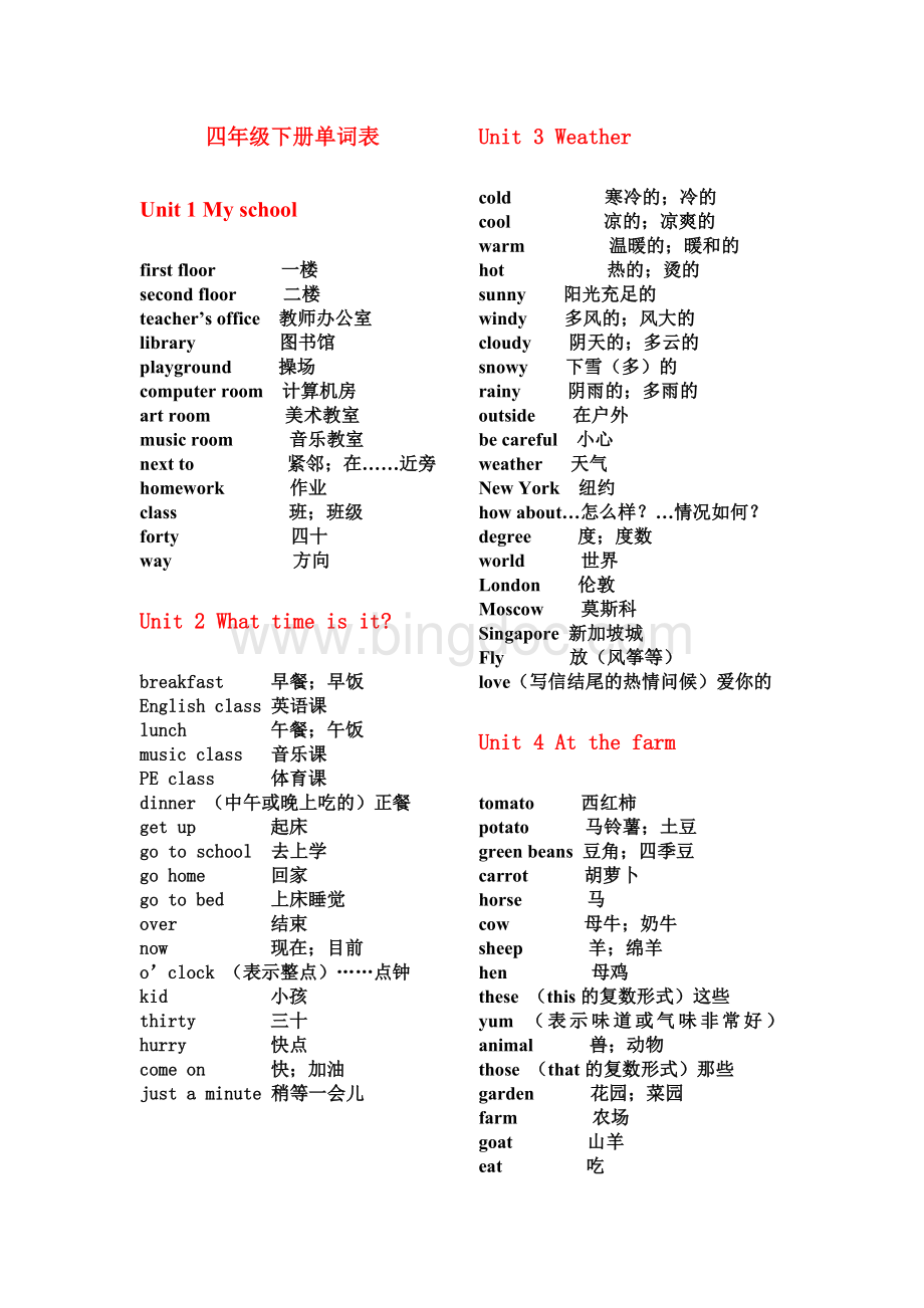 PEP新版小学四年级下册单词表.doc