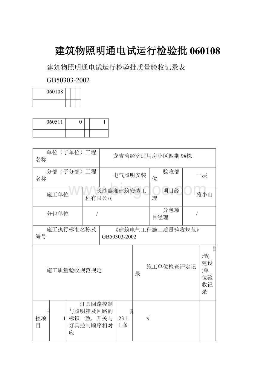 建筑物照明通电试运行检验批060108.docx_第1页