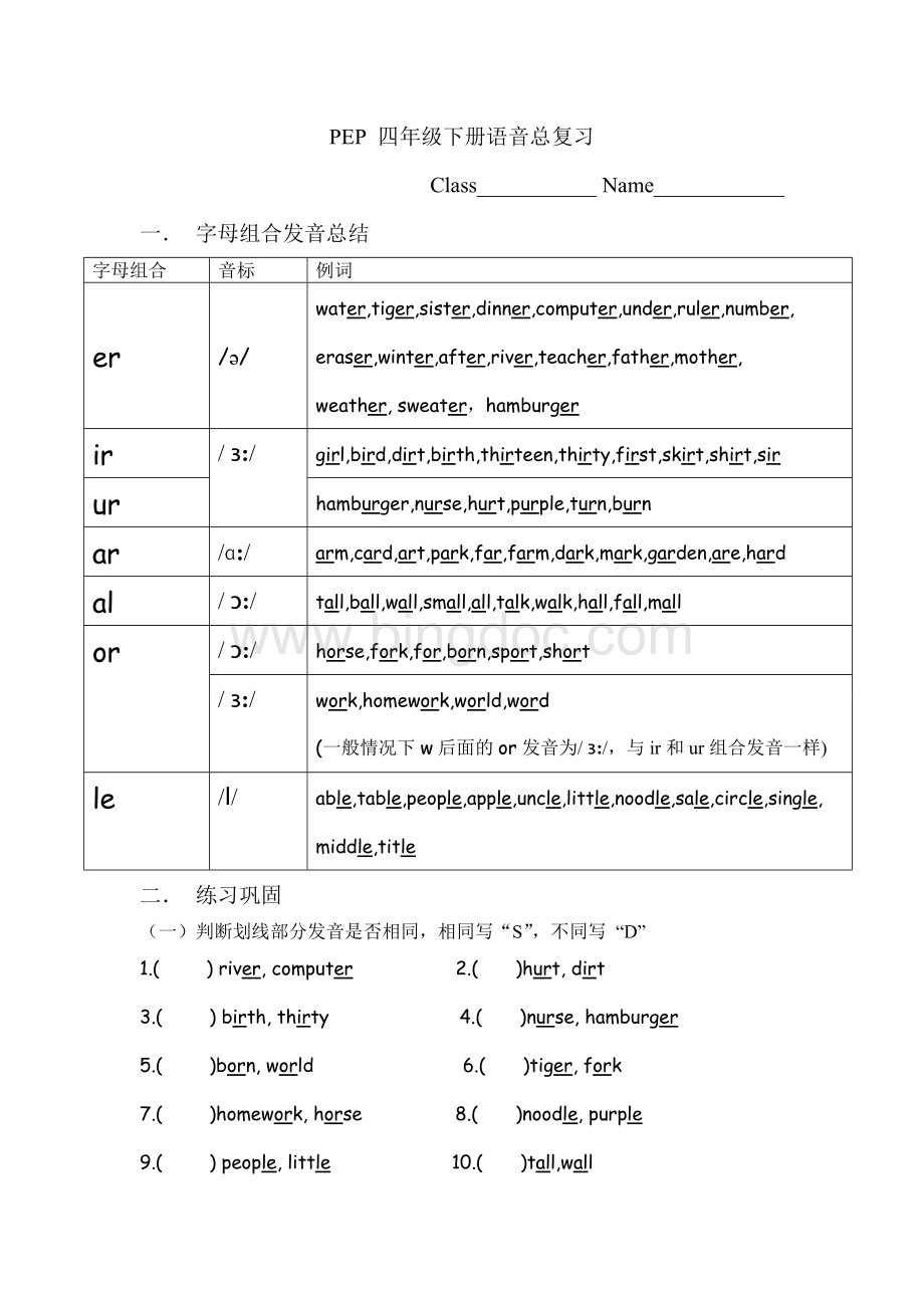 PEP四年级下册语音总复习以及练习.doc