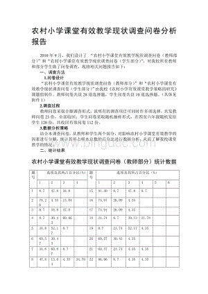 农村小学课堂有效教学现状调查问卷分析报告(简缩版).doc