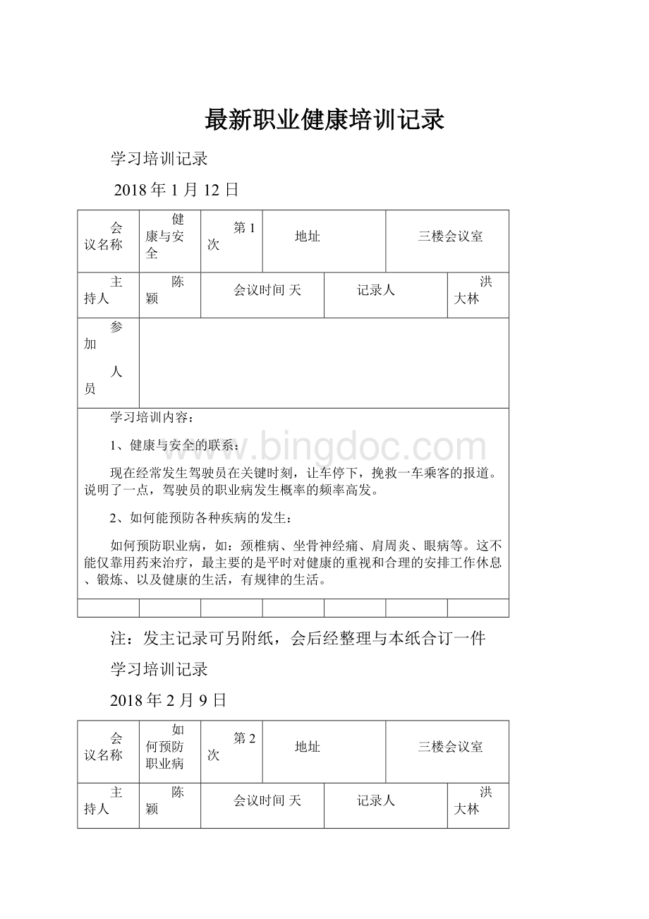 最新职业健康培训记录Word文档格式.docx