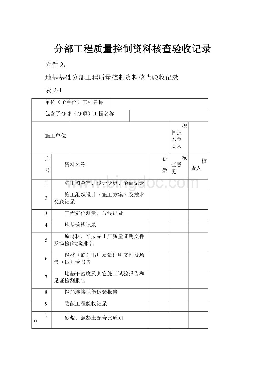 分部工程质量控制资料核查验收记录文档格式.docx