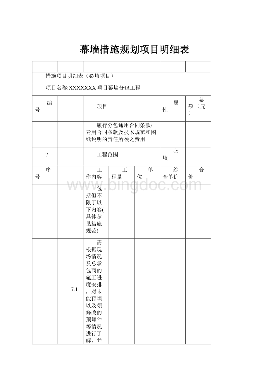 幕墙措施规划项目明细表.docx