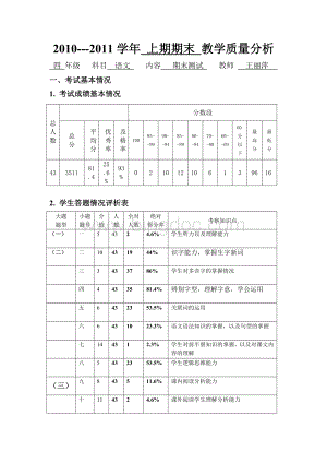 四年级上期期末语文教学质量分析表.doc