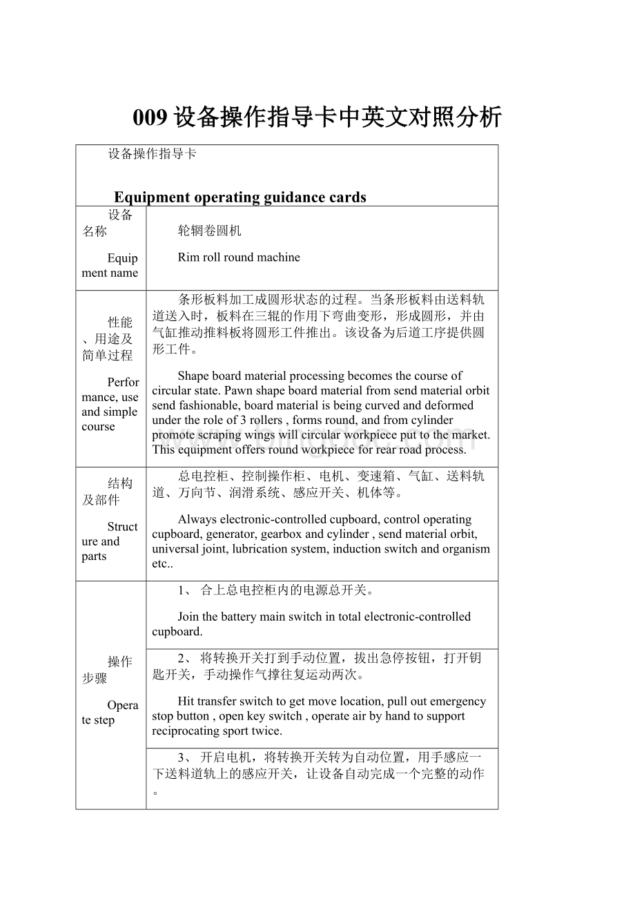 009设备操作指导卡中英文对照分析.docx_第1页