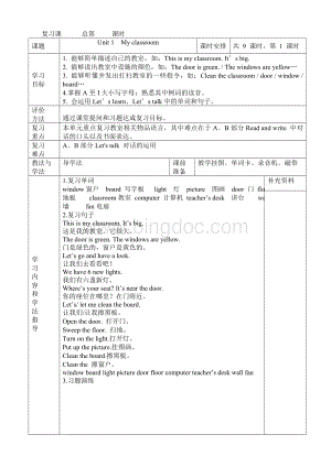 pep小学四年级上册英语复习教案.doc