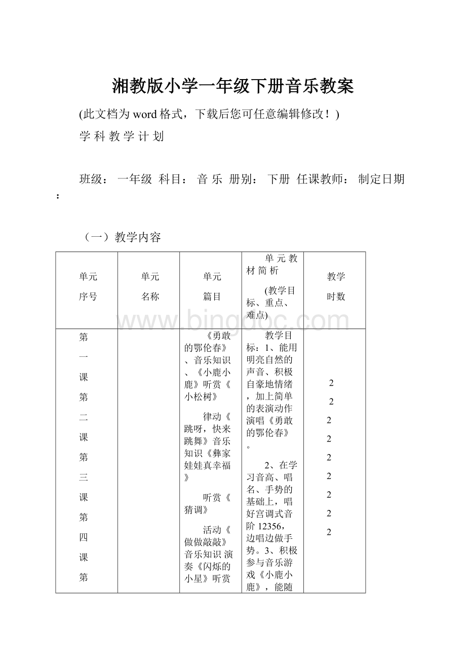 湘教版小学一年级下册音乐教案.docx