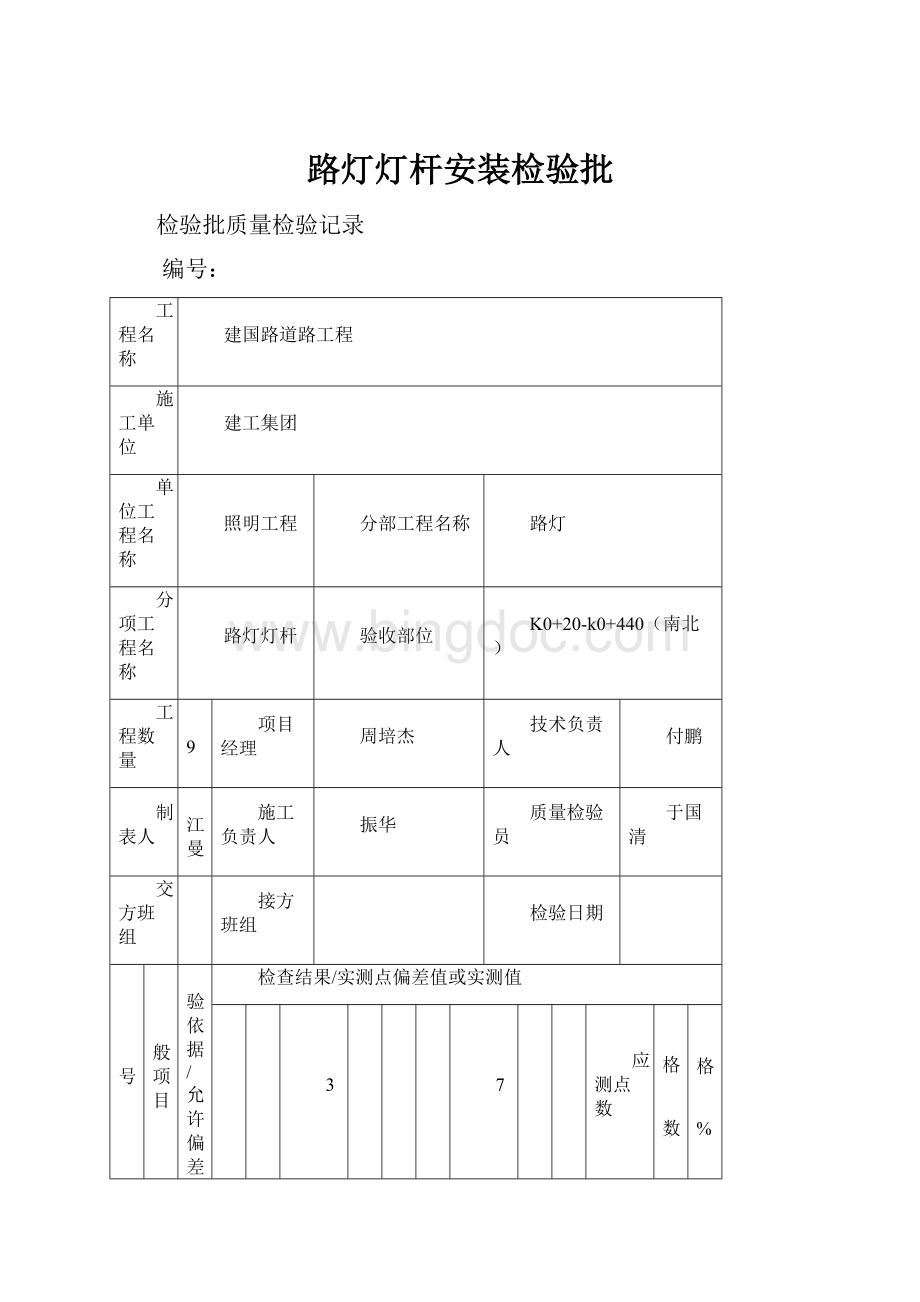 路灯灯杆安装检验批Word文档下载推荐.docx