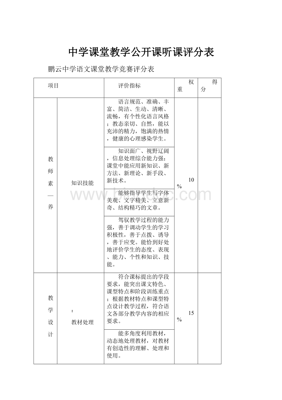 中学课堂教学公开课听课评分表.docx