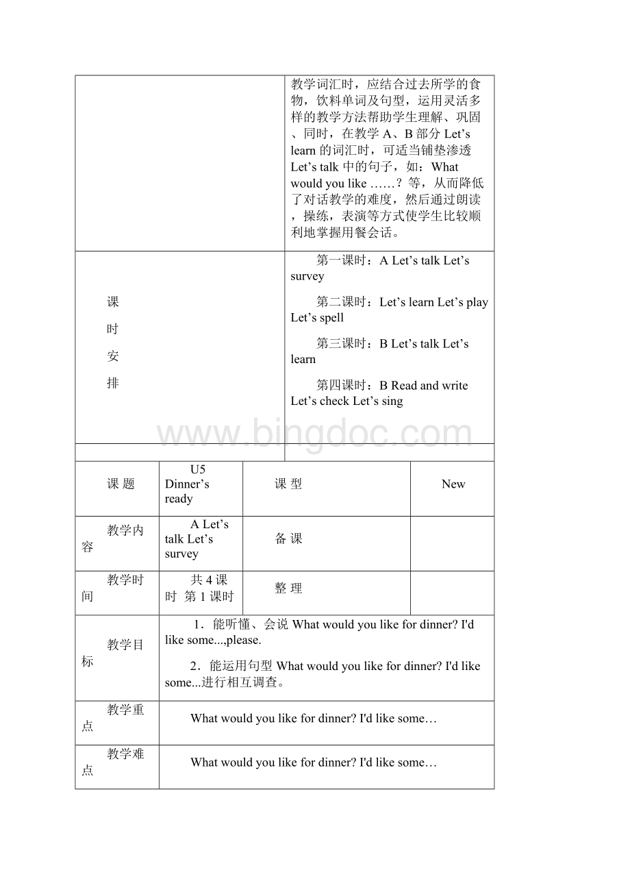 优质小学英语人教PEP版四年级上册Unit 5 Dinner s Ready优质公开课教案 4课时.docx_第2页