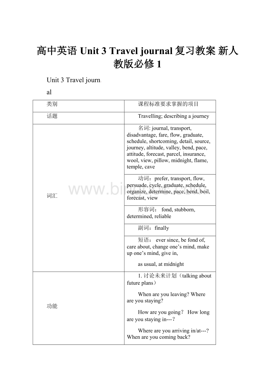 高中英语 Unit 3 Travel journal复习教案 新人教版必修1.docx_第1页