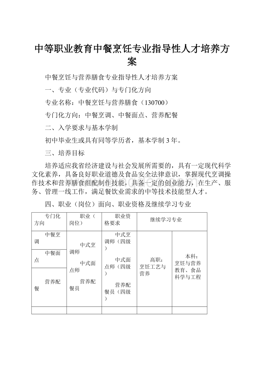 中等职业教育中餐烹饪专业指导性人才培养方案Word文件下载.docx_第1页