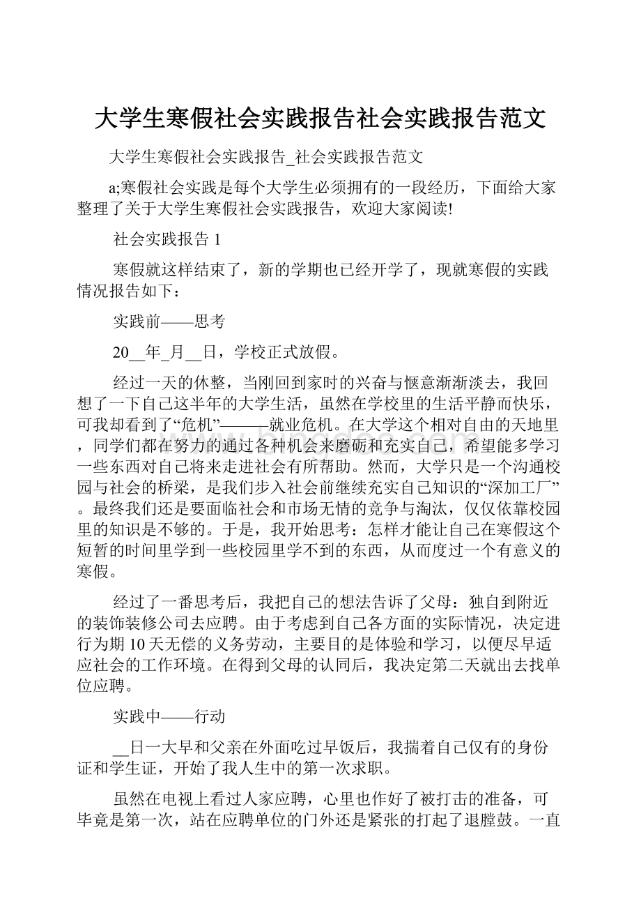 大学生寒假社会实践报告社会实践报告范文Word格式文档下载.docx_第1页