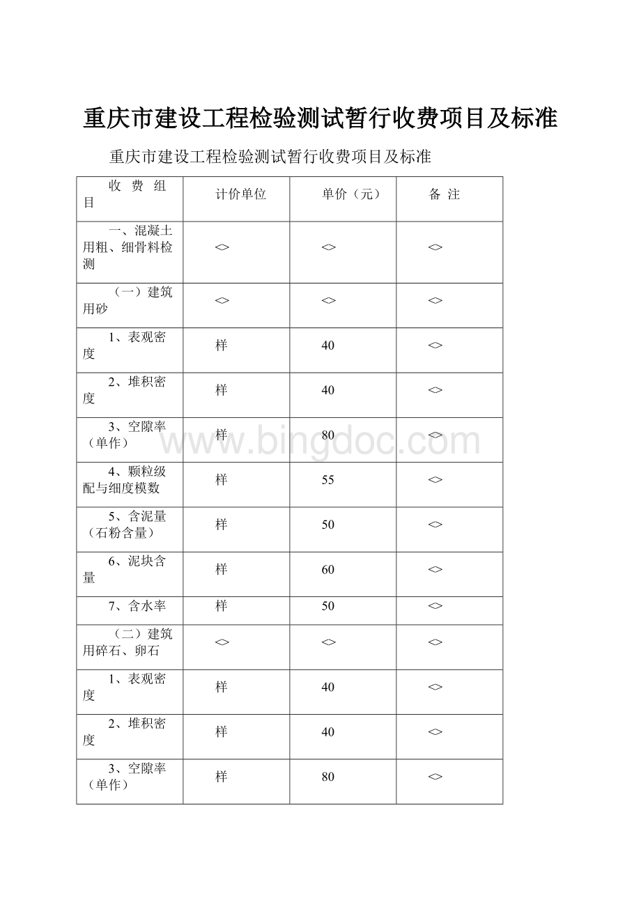 重庆市建设工程检验测试暂行收费项目及标准.docx