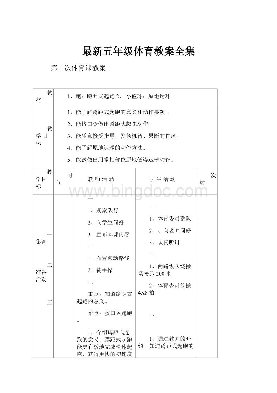 最新五年级体育教案全集Word文档格式.docx_第1页