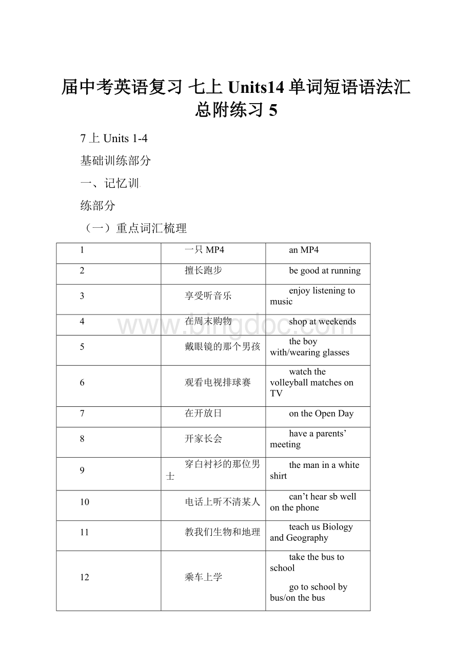 届中考英语复习 七上Units14单词短语语法汇总附练习5.docx