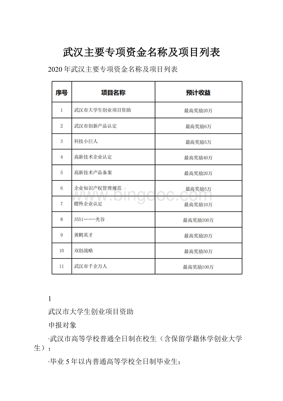 武汉主要专项资金名称及项目列表Word文件下载.docx_第1页