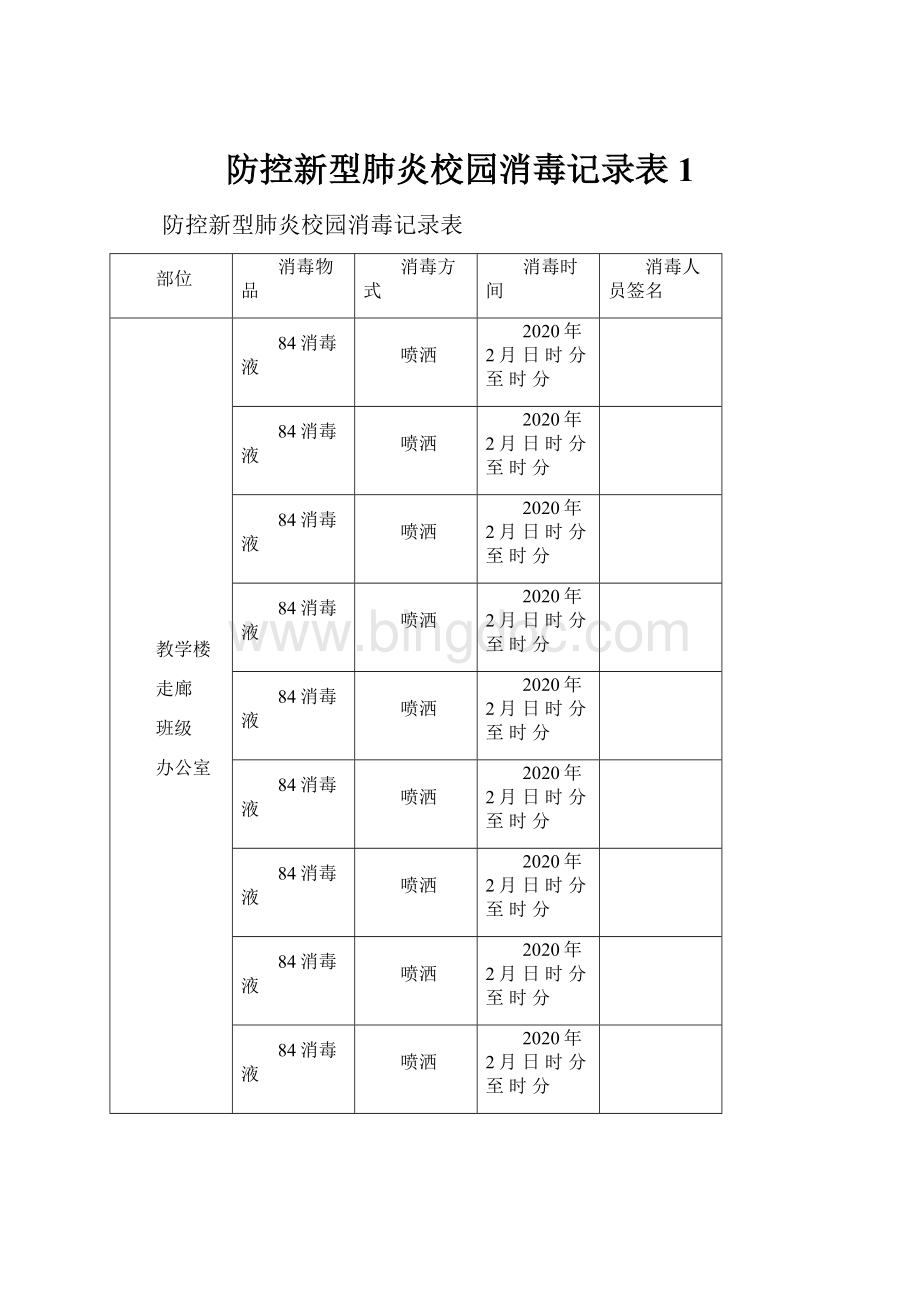 防控新型肺炎校园消毒记录表1Word格式文档下载.docx