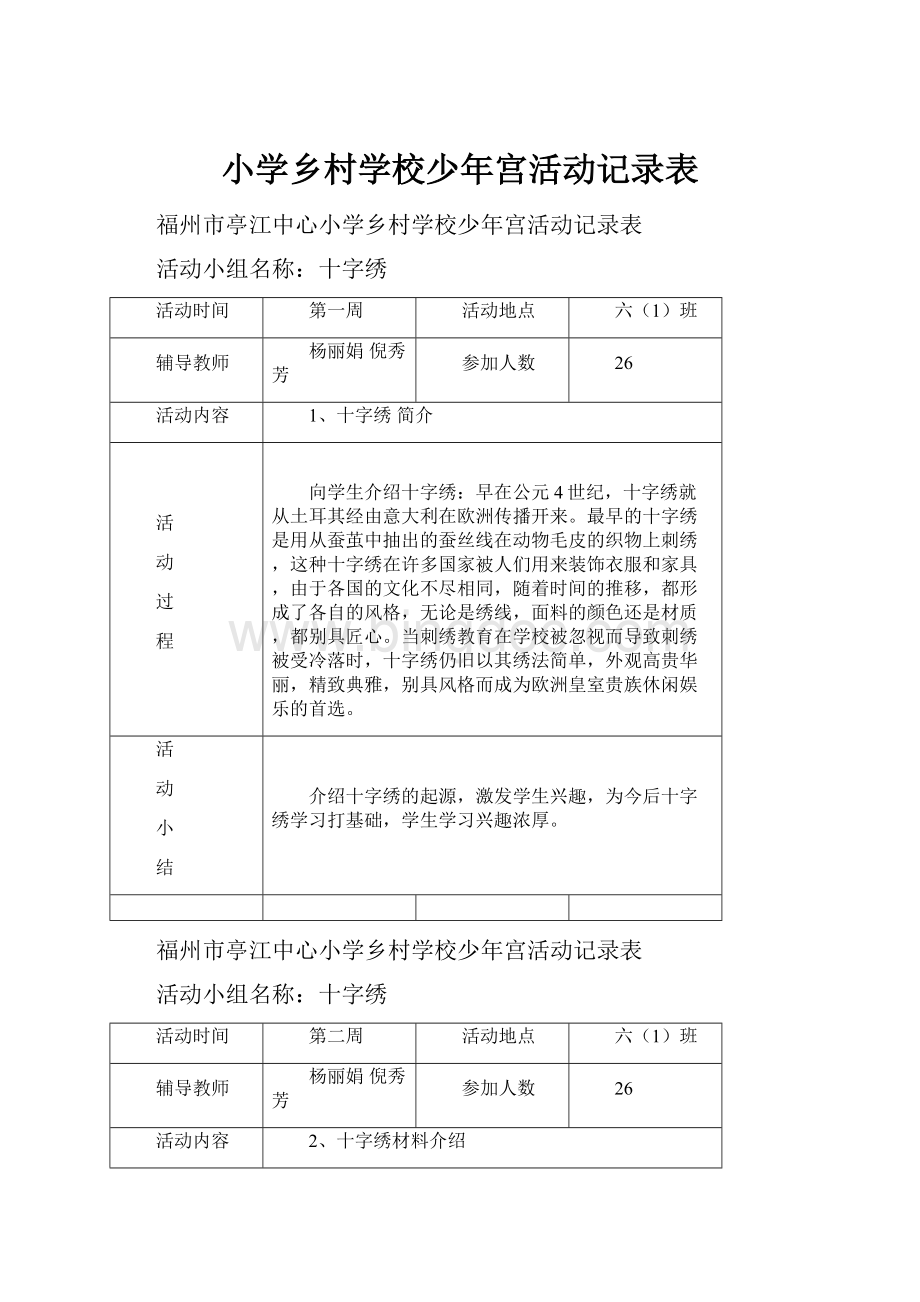 小学乡村学校少年宫活动记录表Word文档格式.docx_第1页