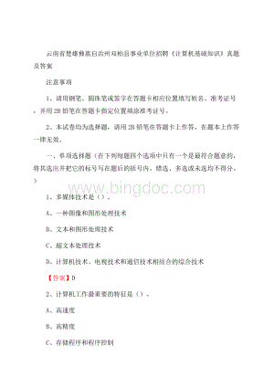 云南省楚雄彝族自治州双柏县事业单位招聘《计算机基础知识》真题及答案.docx