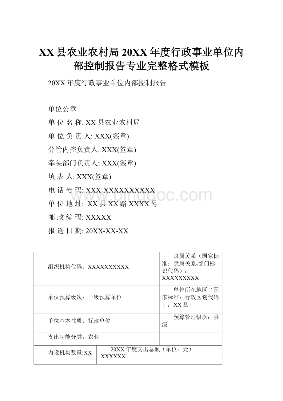 XX县农业农村局20XX年度行政事业单位内部控制报告专业完整格式模板Word文档下载推荐.docx_第1页