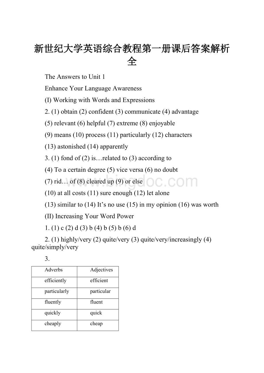新世纪大学英语综合教程第一册课后答案解析全Word格式.docx_第1页