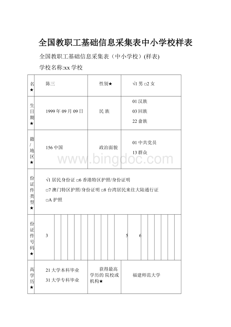 全国教职工基础信息采集表中小学校样表Word下载.docx_第1页